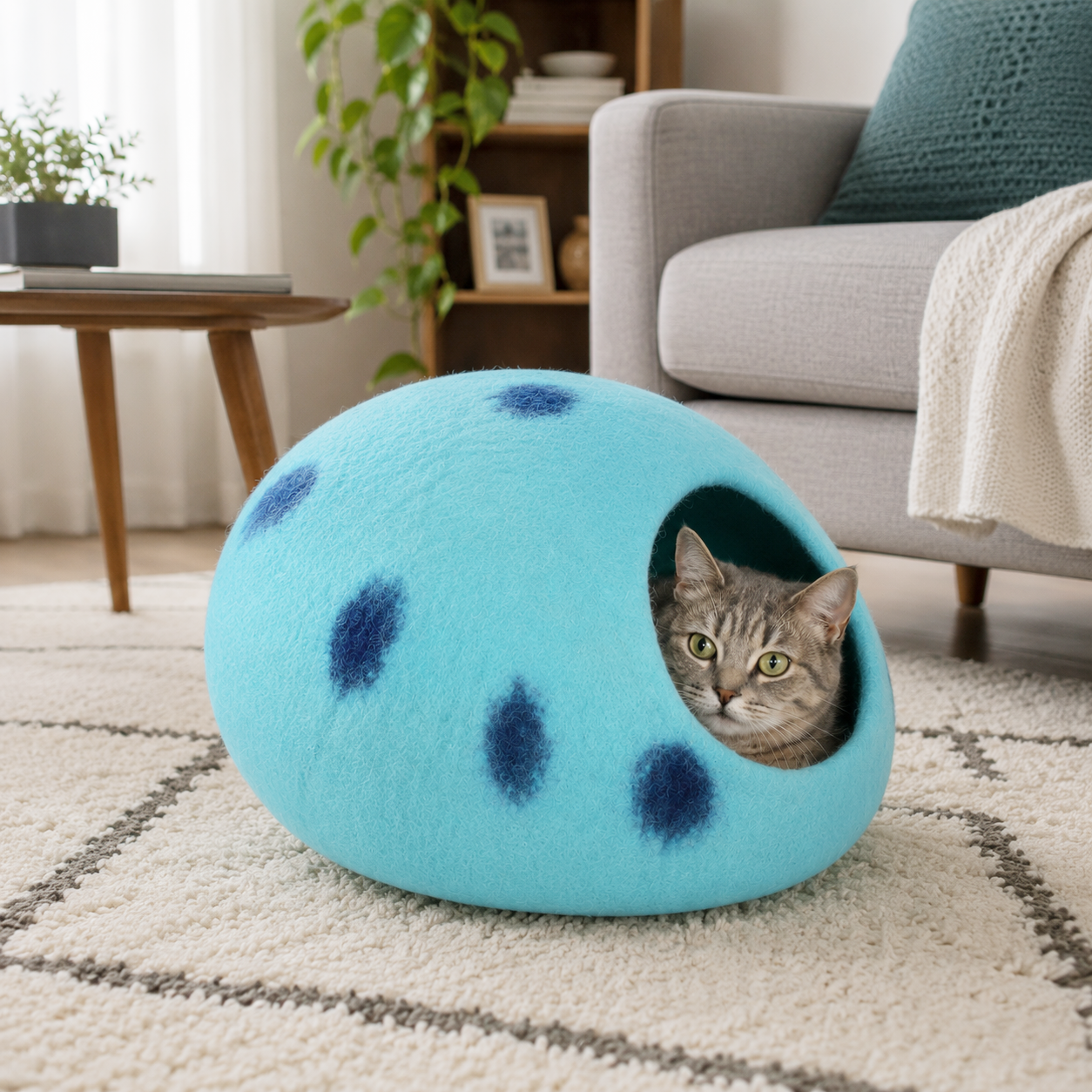 Polka Dot Cat Cave | Blue Cozy Cat House - Image 4